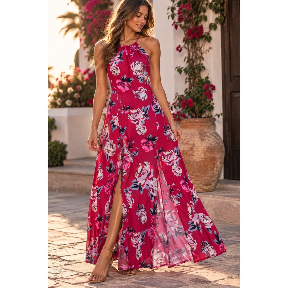 Candies Floral Halter Maxi Dress Red Pink Keyhole Double Slit Wedding Party Sz L